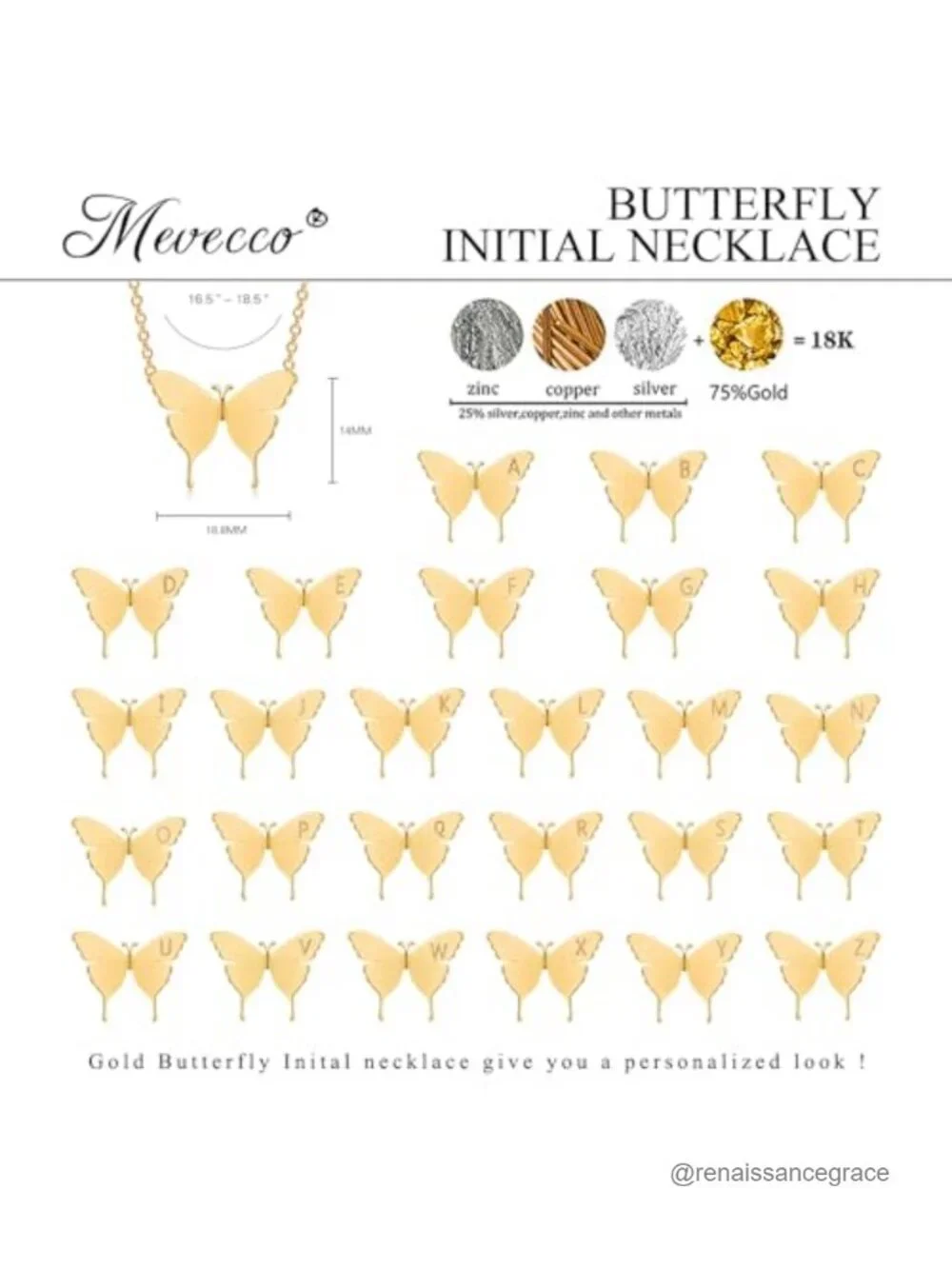Dainty Polished Butterfly Initial Necklace, 18K Gold Plated Brass, Adjustable